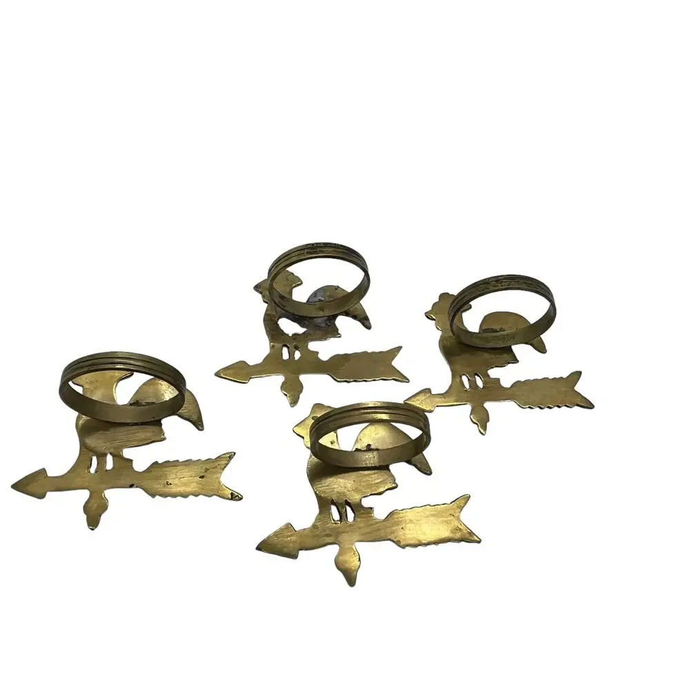 Rooster Napkin Rings Weathervane Brass Tone Set of Four Vintage Repaired Country